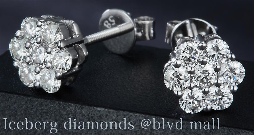 0.761 Ct. Diamond 14 Kt Gold (White). Flower Style Studs Earrings. (Unisex).
