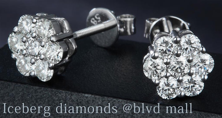 0.761 Ct. Diamond 14 Kt Gold (White). Flower Style Studs Earrings. (Unisex).