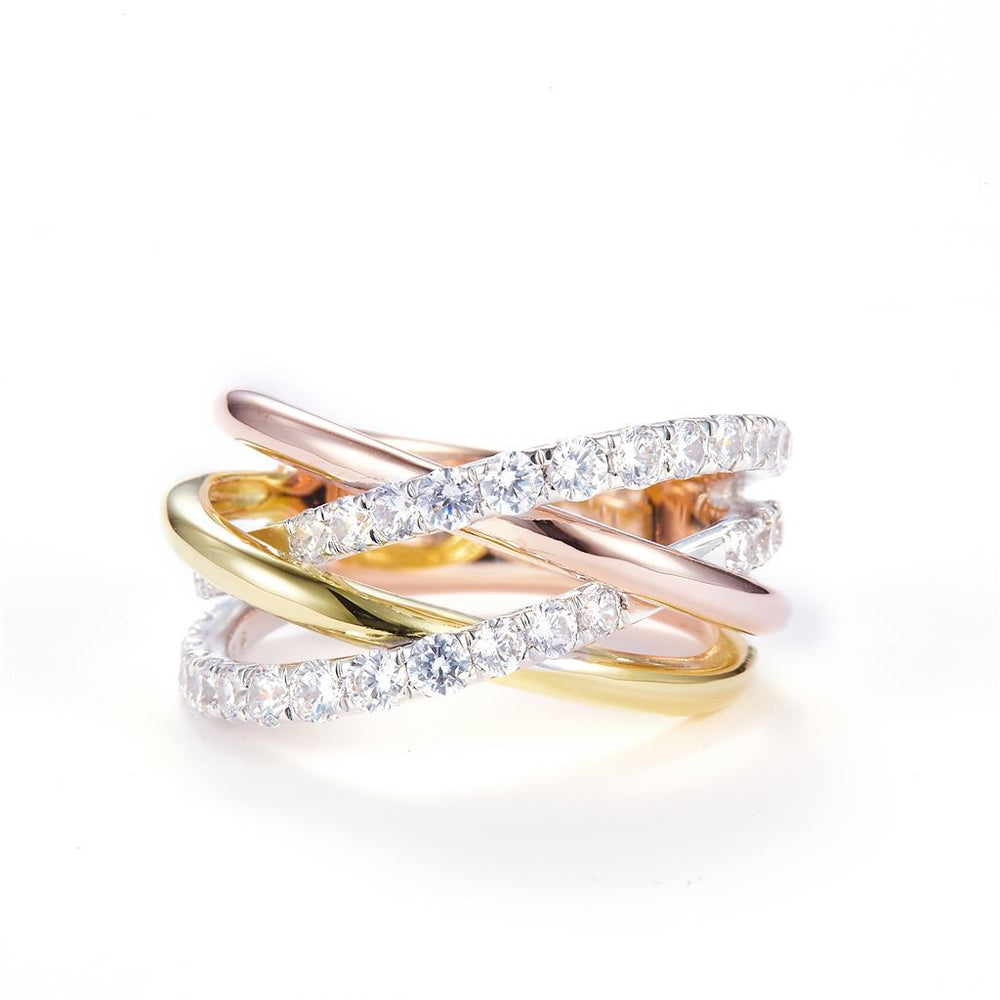 Two-tone sterling silver moissanite highway style multi-row ring