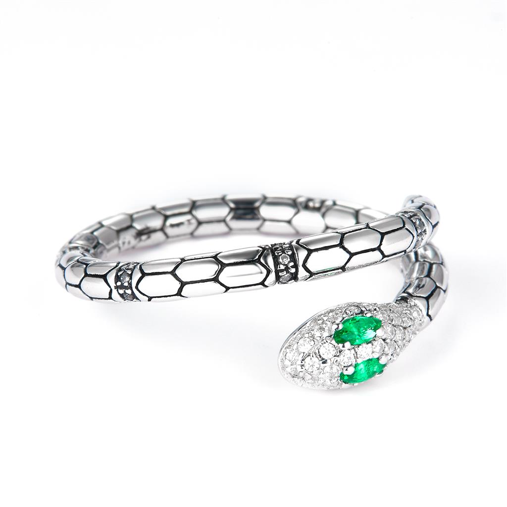 0.23 Ct. Moissanite Sterling Silver (White). Snake with Simulant Emerald Ring. (Unisex). Size 7.5