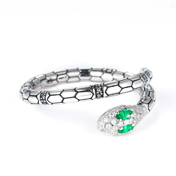 0.23 Ct. Moissanite Sterling Silver (White). Snake with Simulant Emerald Ring. (Unisex). Size 7.5