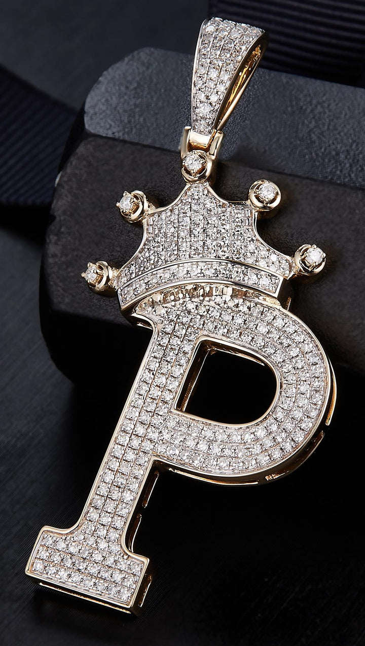 1 Ct. Diamond 10 Kt Gold (Yellow). Initial Letter (Alphabet) P with Crown Pendant. (Unisex).