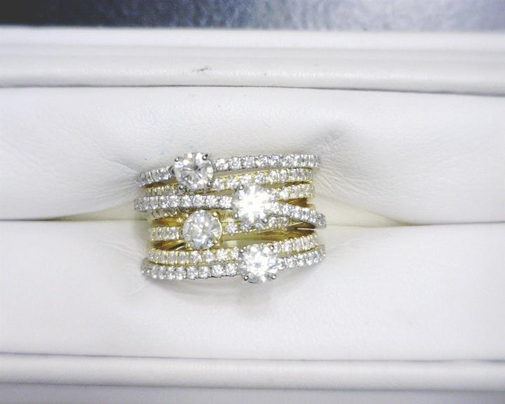 3.69 Ct. Moissanite Sterling Silver (Yellow and White). Highway Style Multi-Row Ring. (Women). Size 7.5