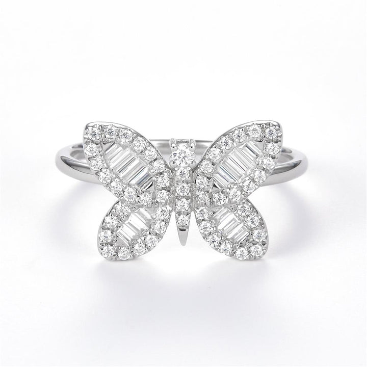 0.52 Ct. Moissanite Sterling Silver (White). Butterfly with Baguettes Ring. (Women). Size 8