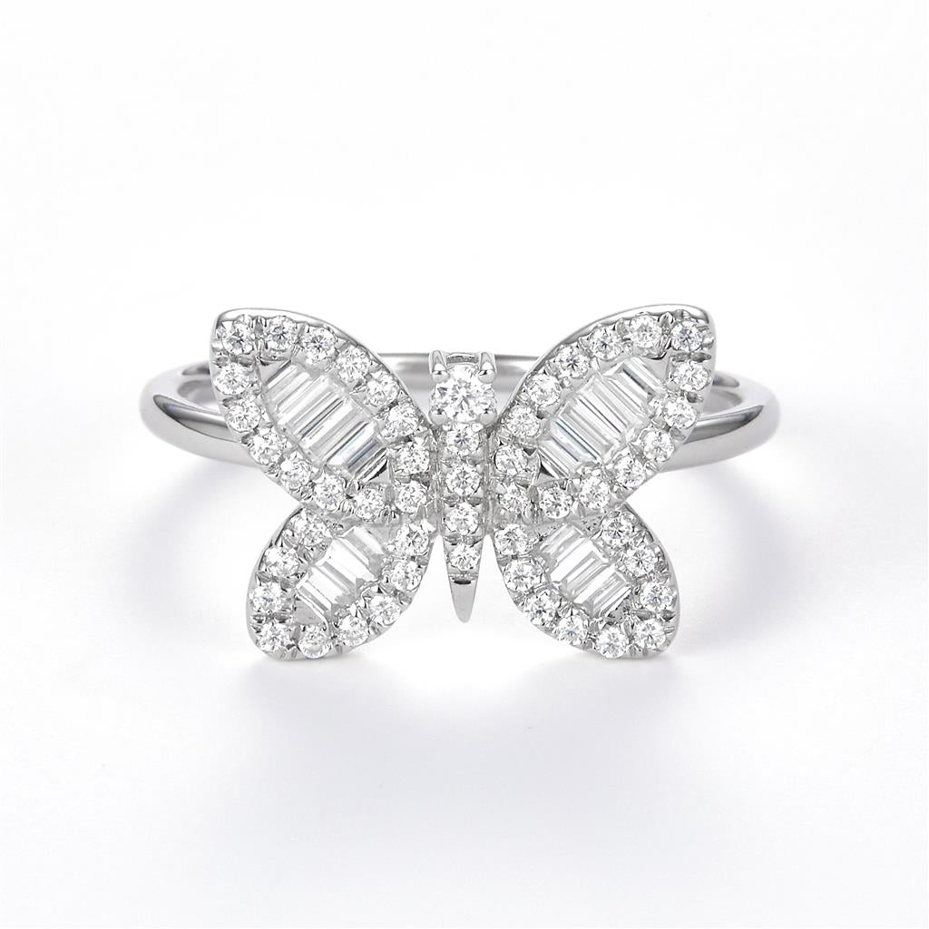 0.52 Ct. Moissanite Sterling Silver (White). Butterfly with Baguettes Ring. (Women). Size 8