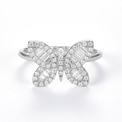 0.52 Ct. Moissanite Sterling Silver (White). Butterfly with Baguettes Ring. (Women). Size 8