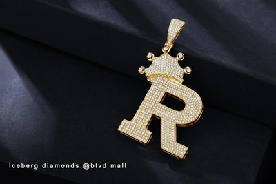 0.71 Ct. Diamond 10 Kt Gold (Yellow). Initial Letter (Alphabet) R with Crown Pendant. (Unisex).
