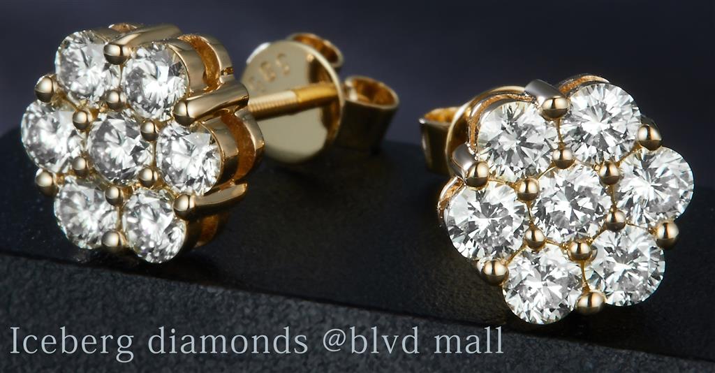 1.548 Ct. Diamond 14 Kt Gold (Yellow). Flower Style Studs Earrings. (Unisex).
