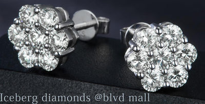 1.741 Ct. Diamond 14 Kt Gold (White). Flower Style Studs Earrings. (Unisex).