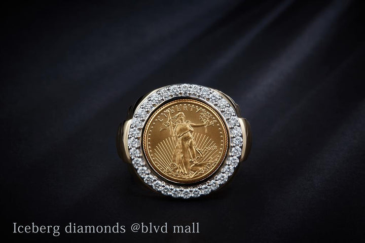 1 Ct. Diamond 14 Kt Gold (Yellow). Lady Liberty American Gold Eagles Coin Face Ring. (Men). Size 10