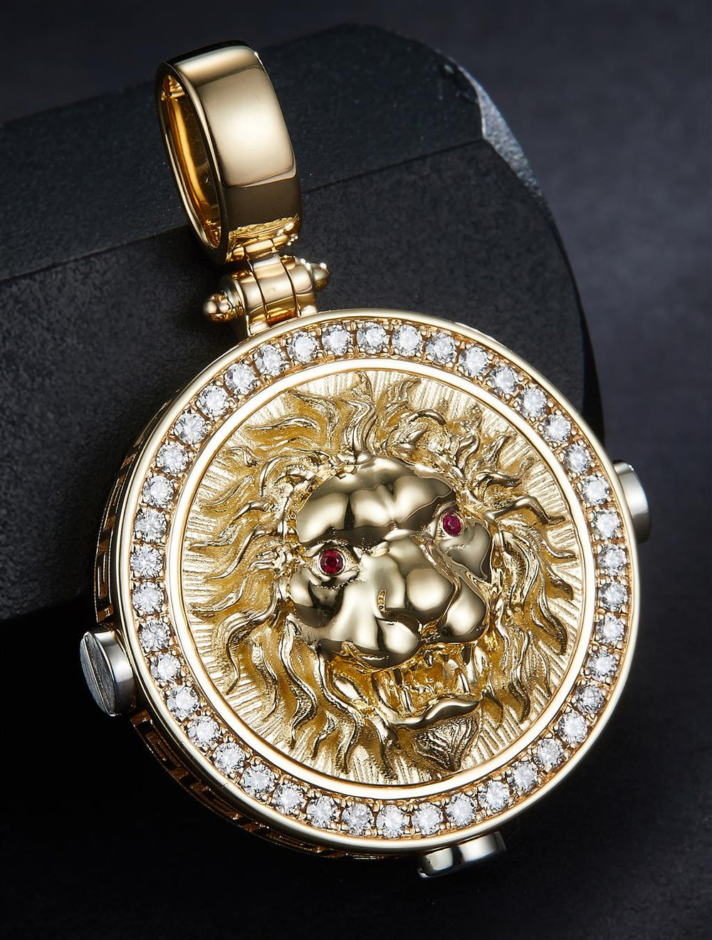 Yellow gold diamond lion head with ruby eyes pendant, view 2