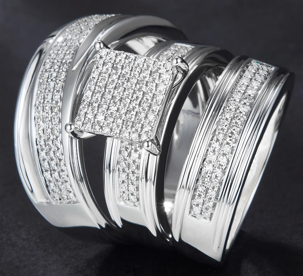 0.578 Ct. Diamond 10 Kt Gold (White). Trio Set (Mens Band Size 10, Women Engag & Band) Wedding Set. Size 7.5