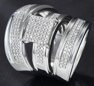 0.578 Ct. Diamond 10 Kt Gold (White). Trio Set (Mens Band Size 10, Women Engag & Band) Wedding Set. Size 7.5
