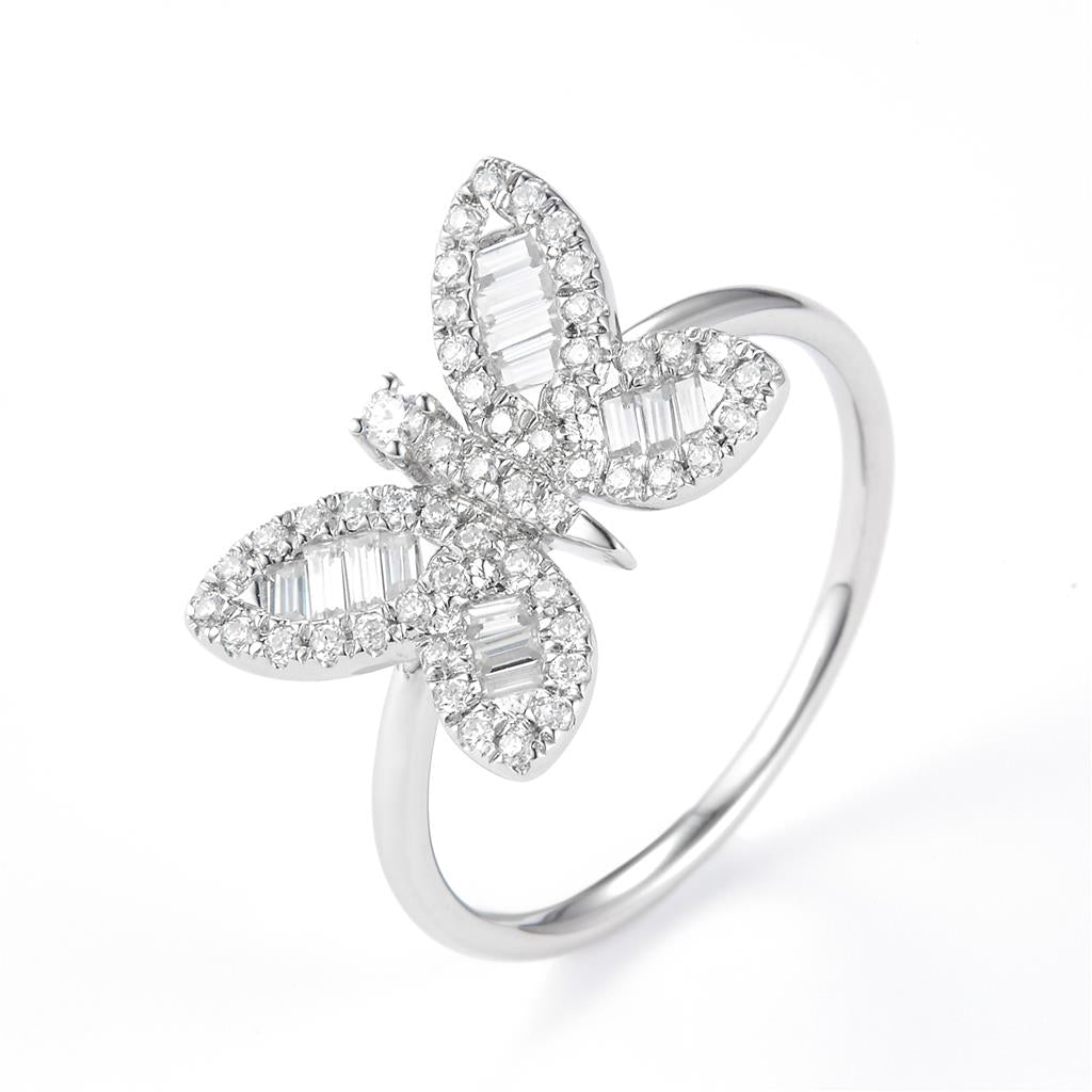 0.52 Ct. Moissanite Sterling Silver (White). Butterfly with Baguettes Ring. (Women). Size 8