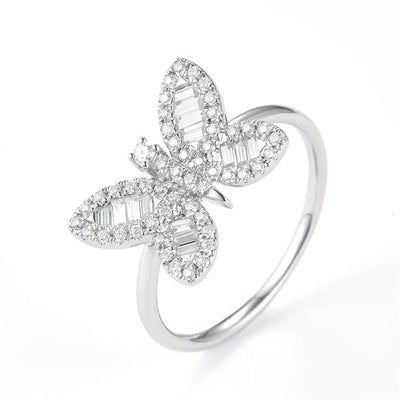 0.52 Ct. Moissanite Sterling Silver (White). Butterfly with Baguettes Ring. (Women). Size 8
