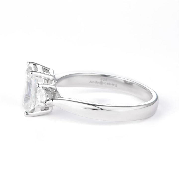 1.94 Ct. Moissanite Sterling Silver (White). 3-Stone Style with Emerald Cut Center & Triangle Side Stones Ring. (Women). Size 7.5