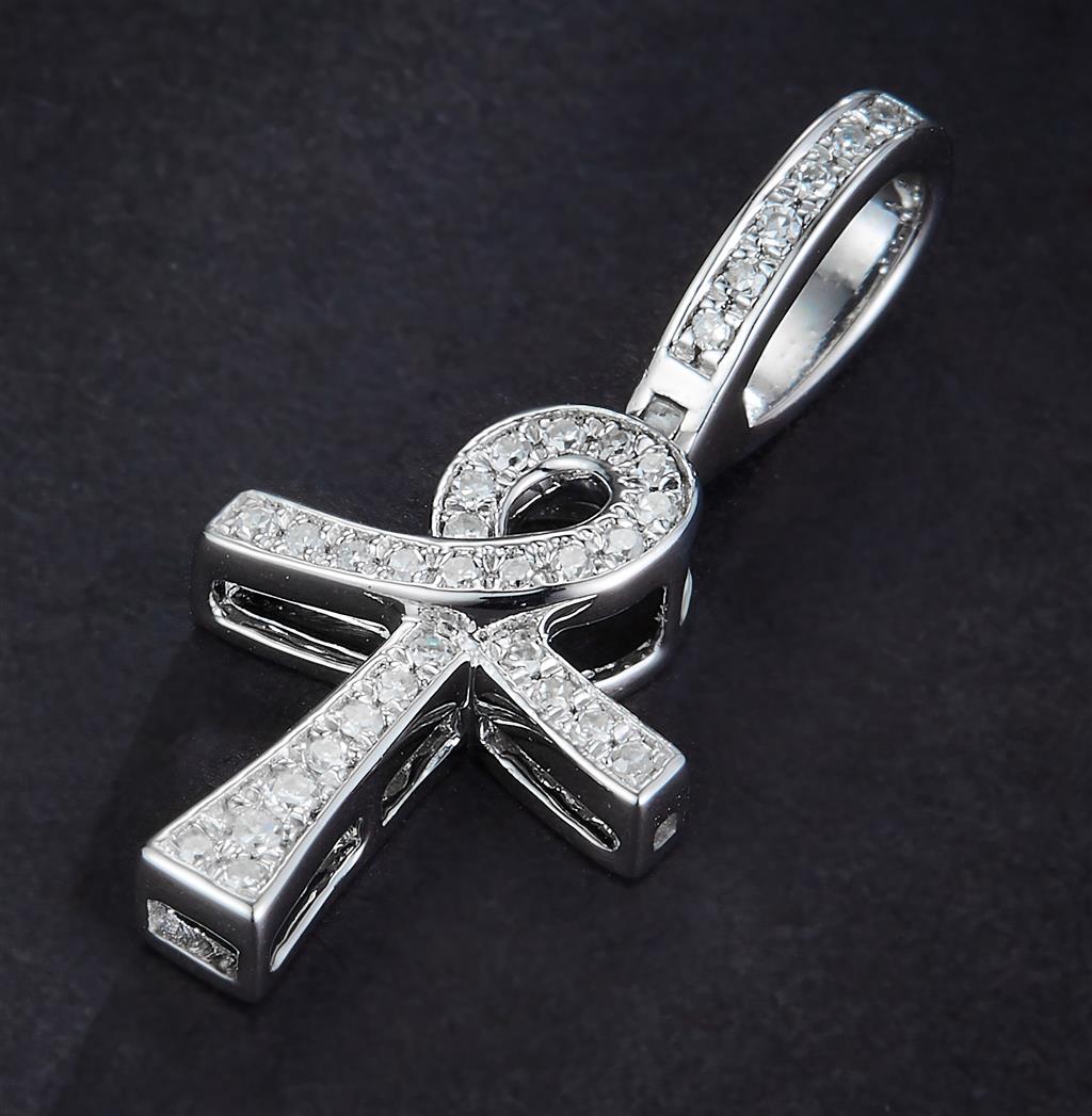 0.08 Ct. Diamond 14 Kt Gold (White). Ankh Cross Pendant. (Unisex).