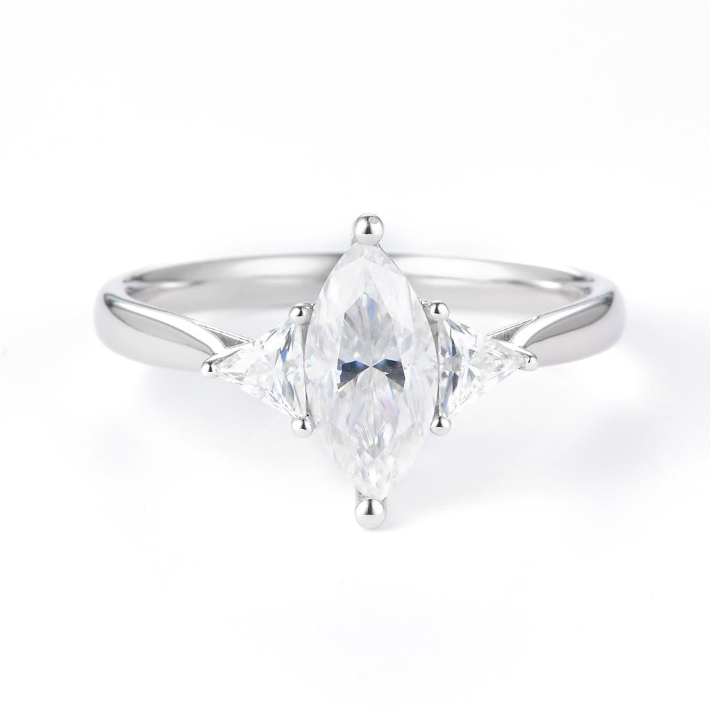 1.32 Ct. Moissanite Sterling Silver (White). 3-Stone Style with Marquise Cut Center & Trilliant Cut Side Stones Ring. (Women). Size 7.5