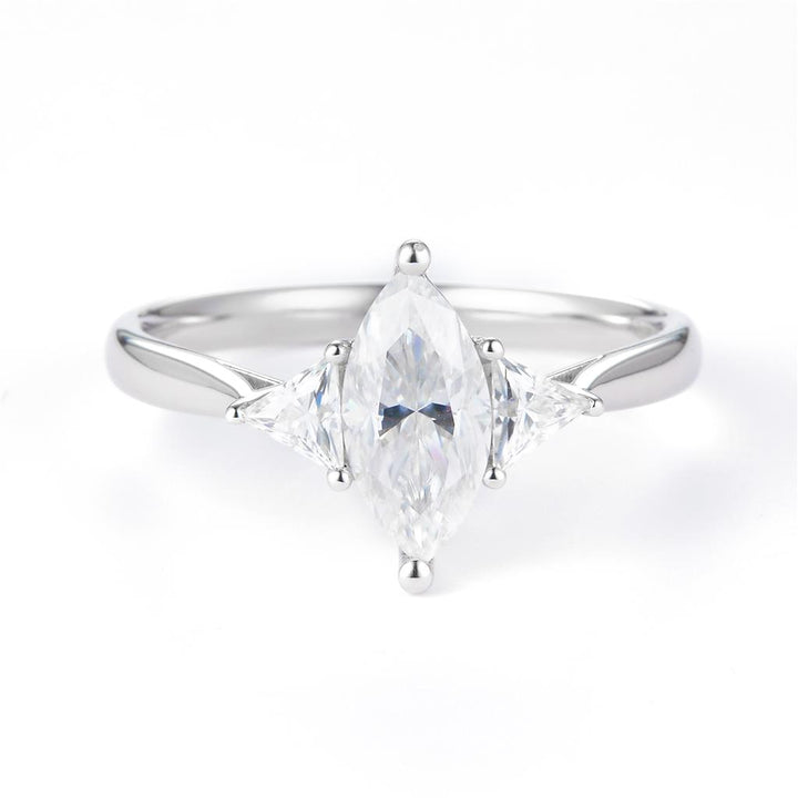 1.32 Ct. Moissanite Sterling Silver (White). 3-Stone Style with Marquise Cut Center & Trilliant Cut Side Stones Ring. (Women). Size 7.5