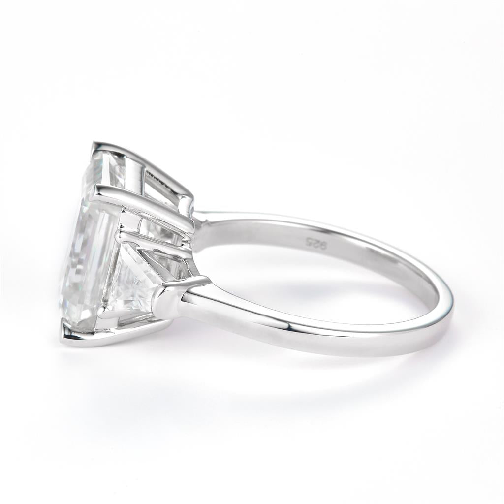 5.855 Ct. Moissanite Sterling Silver (White). Solitaire with Emerald Cut Center Stone Ring. (Women). Size 7.5