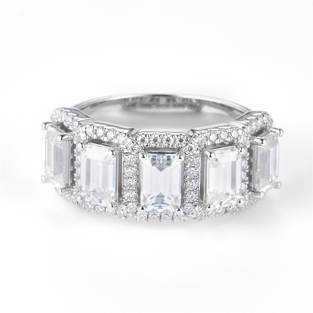 3.36 Ct. Moissanite Sterling Silver (White). Wedding Band with Emerald Cut Stones Ring. (Women). Size 7.5