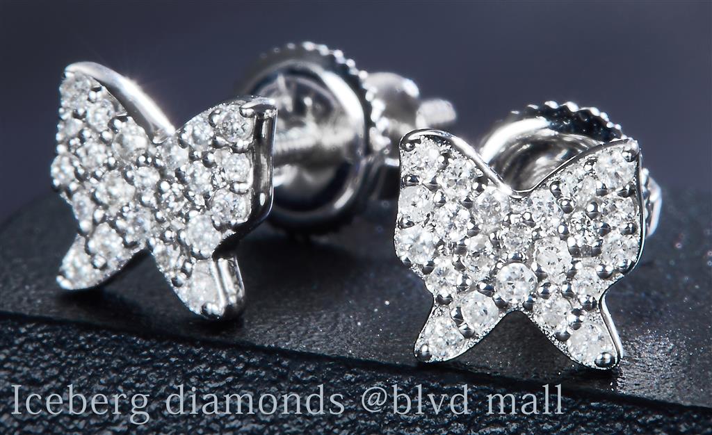 0.094 Ct. Diamond 14 Kt Gold (White). Butterfly Studs Earrings. (Unisex).