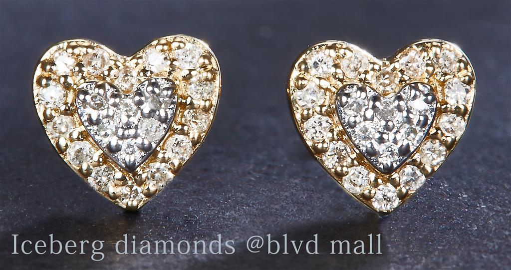0.104 Ct. Diamond 14 Kt Gold (Yellow). Heart Studs Earrings. (Unisex).