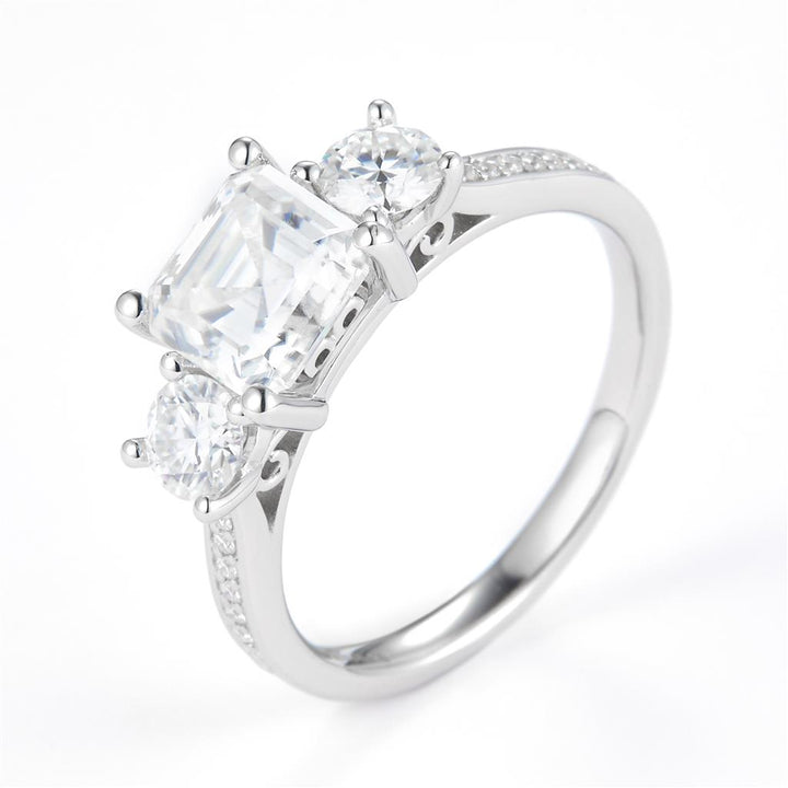 2.7 Ct. Moissanite Sterling Silver (White). 3-Stone Style with Asscher Cut Center Stone Ring. (Women). Size 7.5