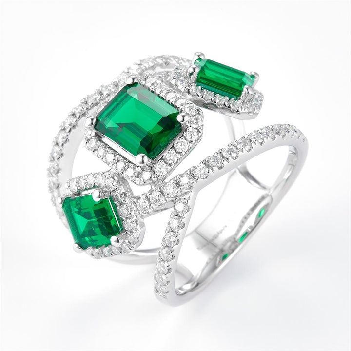 3.11 Ct. Moissanite Sterling Silver (White). Designer Ring with Simulant Emeralds Ring. (Women). Size 7.5