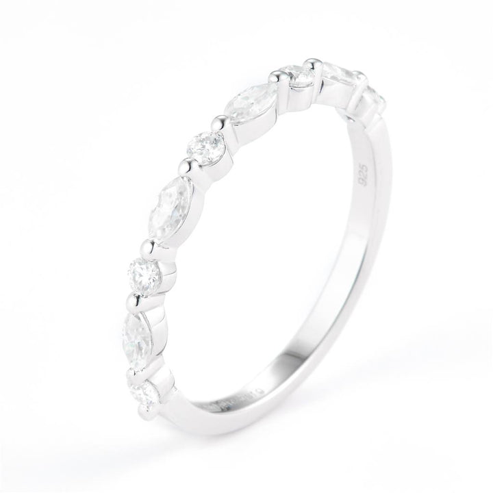 0.445 Ct. Moissanite Sterling Silver (White). Wedding Band with Marquise & Round Stones Ring. (Women). Size 7.5