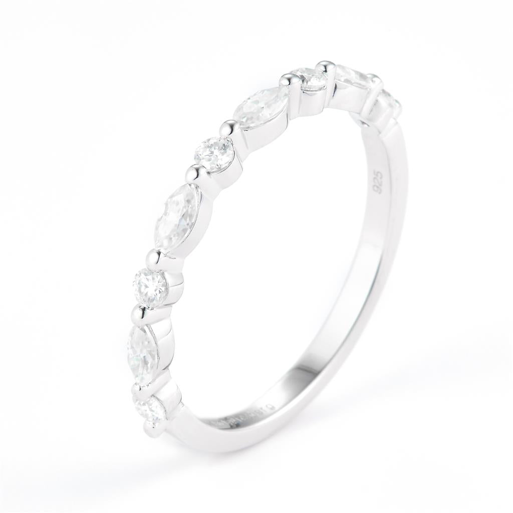 0.445 Ct. Moissanite Sterling Silver (White). Wedding Band with Marquise & Round Stones Ring. (Women). Size 7.5