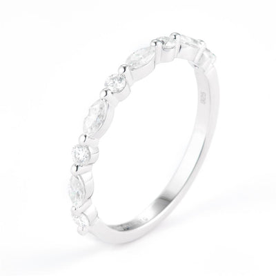 0.445 Ct. Moissanite Sterling Silver (White). Wedding Band with Marquise & Round Stones Ring. (Women). Size 7.5