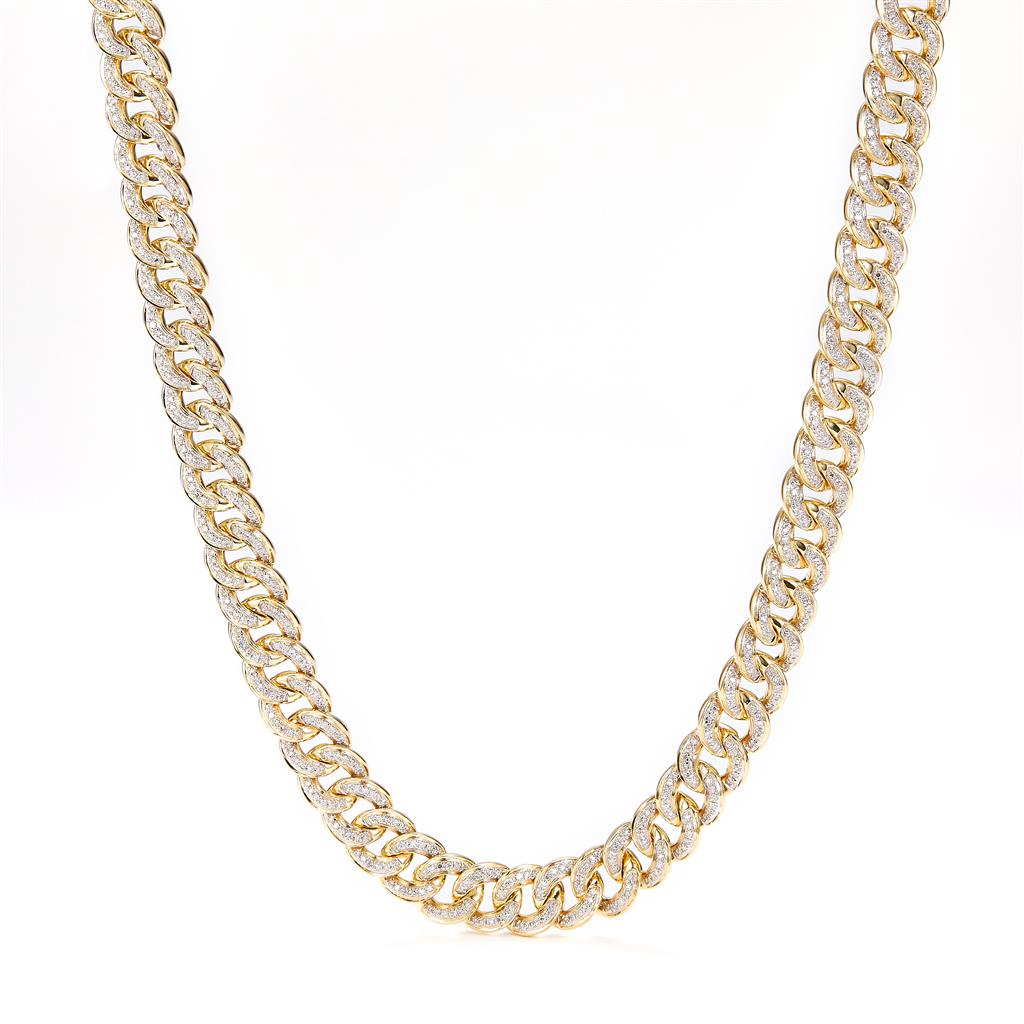 7.44 Ct. Diamond 10 Kt Gold (Yellow). Semi-Solid Cuban Link Chain. (Unisex). 24 in Long. 9.5 mm Wide