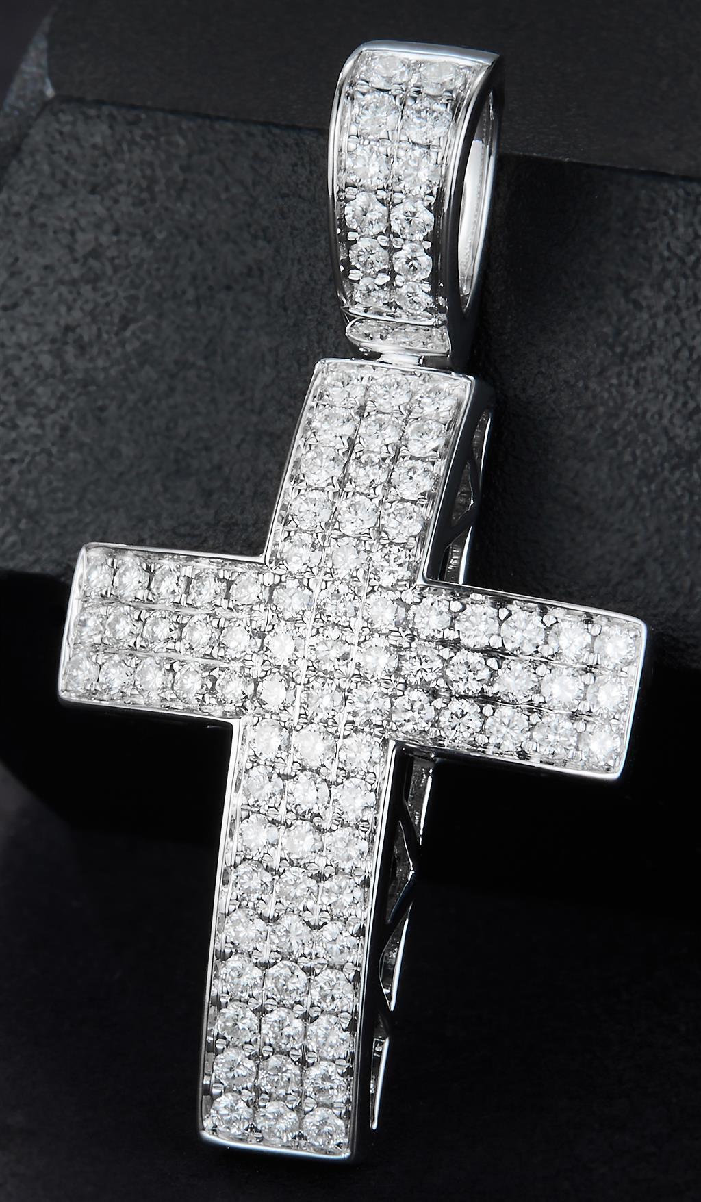 0.938 Ct. Diamond 14 Kt Gold (White). Cross Pendant. (Unisex).
