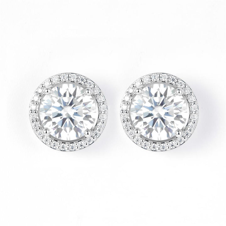 4.219 Ct. Moissanite Sterling Silver (White). Halo Style Solitaire Stud Earrings. (Women).