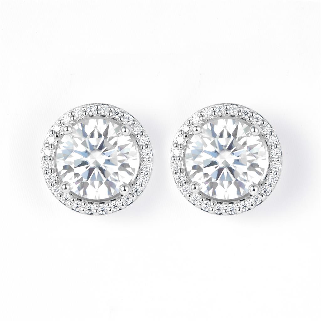 4.219 Ct. Moissanite Sterling Silver (White). Halo Style Solitaire Stud Earrings. (Women).