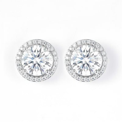 4.219 Ct. Moissanite Sterling Silver (White). Halo Style Solitaire Stud Earrings. (Women).