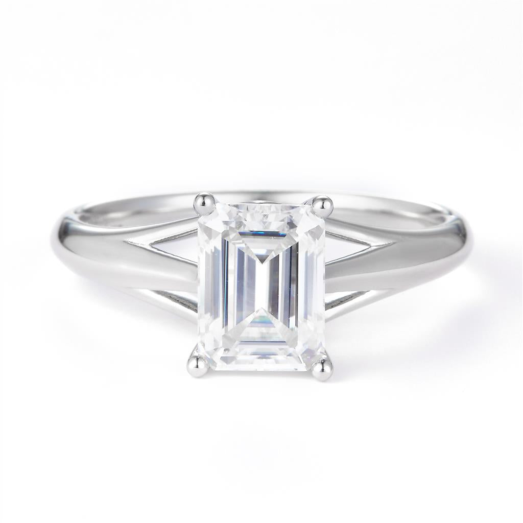 1.602 Ct. Moissanite Sterling Silver (White). Solitaire with Emerald Cut Center Stone Ring. (Women). Size 7.5