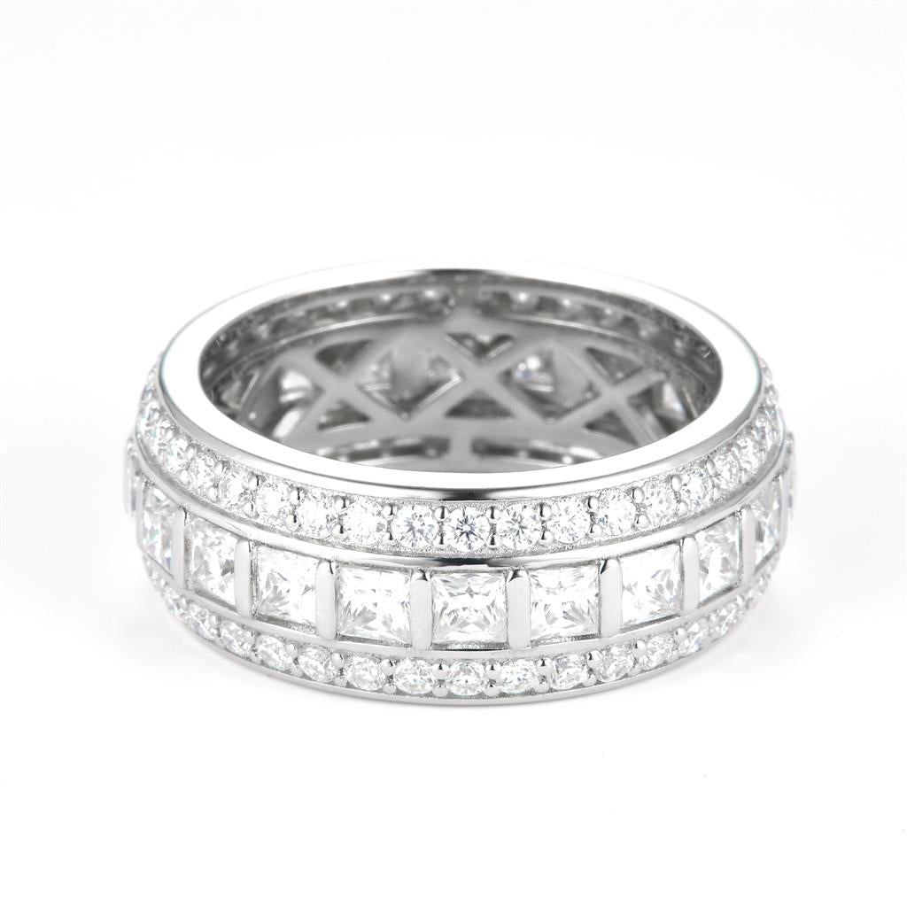 3.116 Ct. Moissanite Sterling Silver (White). Wedding Band with Princess Cut & Round Stones Ring. (Women). Size 7.5