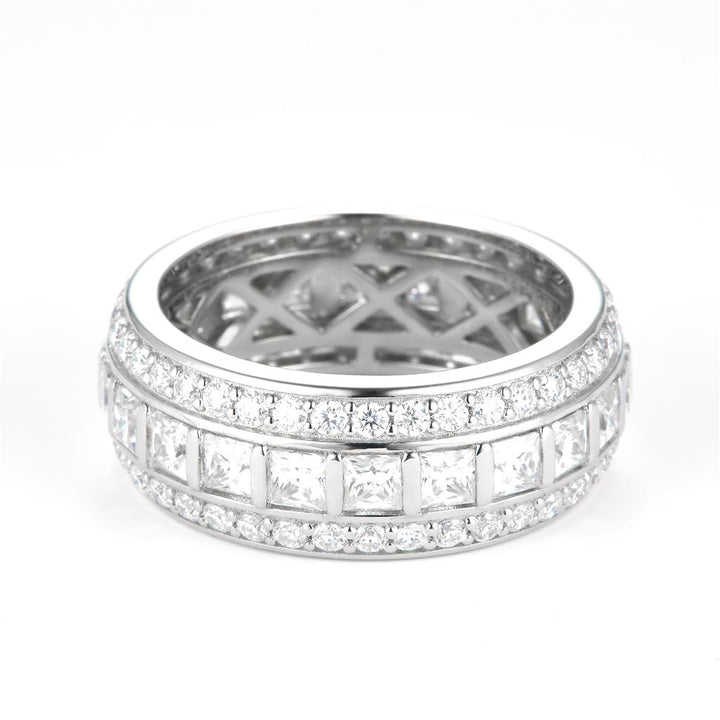 3.116 Ct. Moissanite Sterling Silver (White). Wedding Band with Princess Cut & Round Stones Ring. (Women). Size 7.5