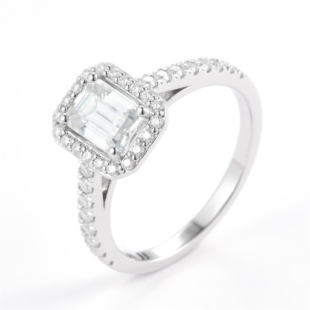 1.35 Ct. Moissanite Sterling Silver (White). Halo Design Solitaire with Emerald Cut Center Stone Ring. (Women). Size 7.5