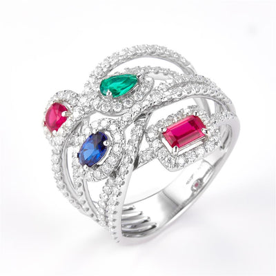 2.21 Ct. Moissanite Sterling Silver (White). Simulant Blue Sapphire, Emerald and Ruby Multi-Row Ring. (Women). Size 7.5