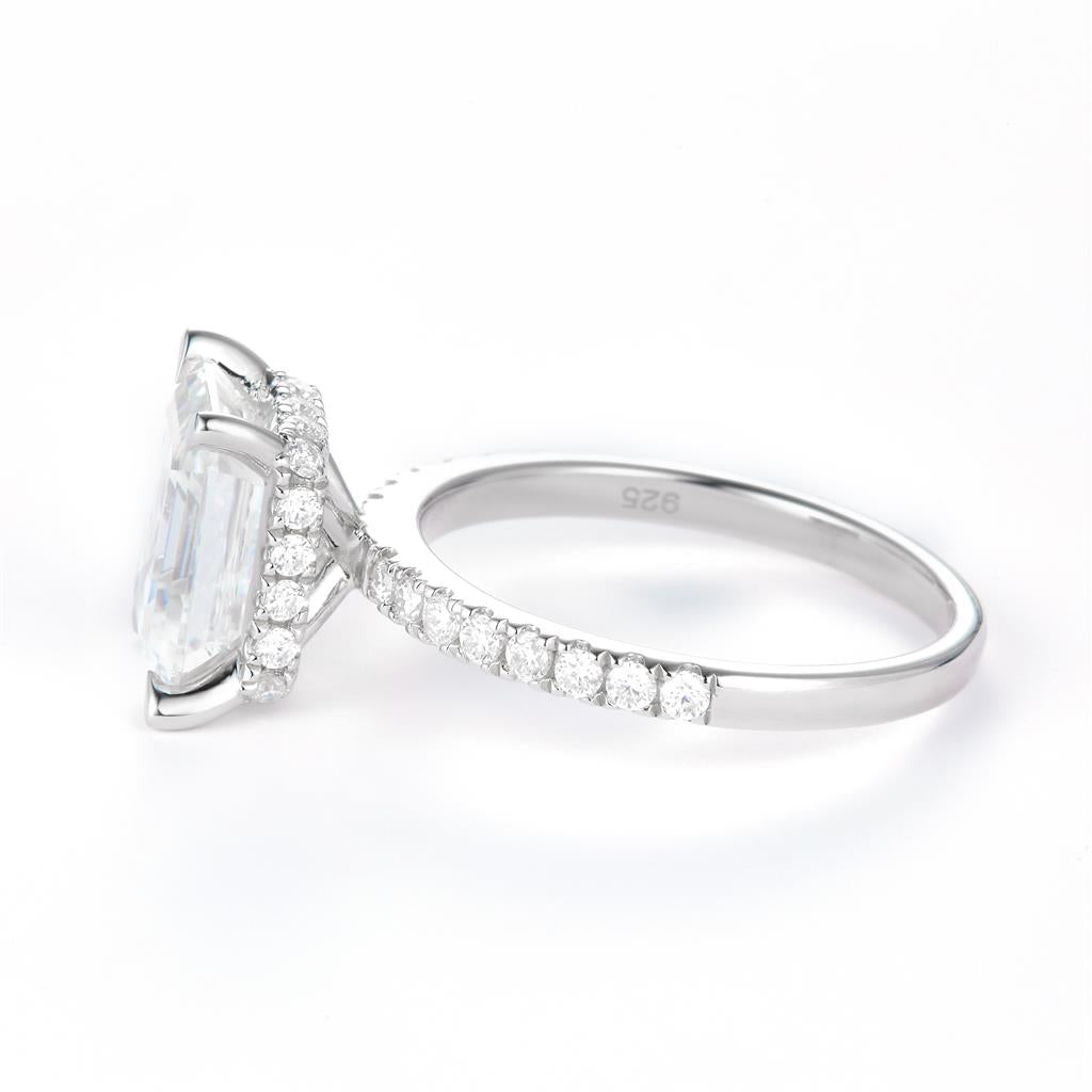 3.777 Ct. Moissanite Sterling Silver (White). Solitaire with Emerald Cut Center Stone Ring. (Women). Size 7.5