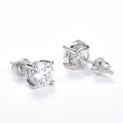 1.88 Ct. Moissanite Sterling Silver (White). Solitaire Studs Earrings. (Unisex).