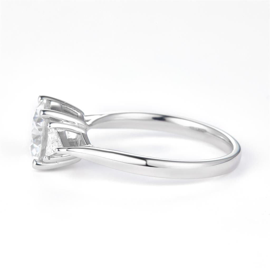 2.18 Ct. Moissanite Sterling Silver (White). Solitaire with Round Center & Trilliant Cut Side Stones Ring. (Women). Size 7.5