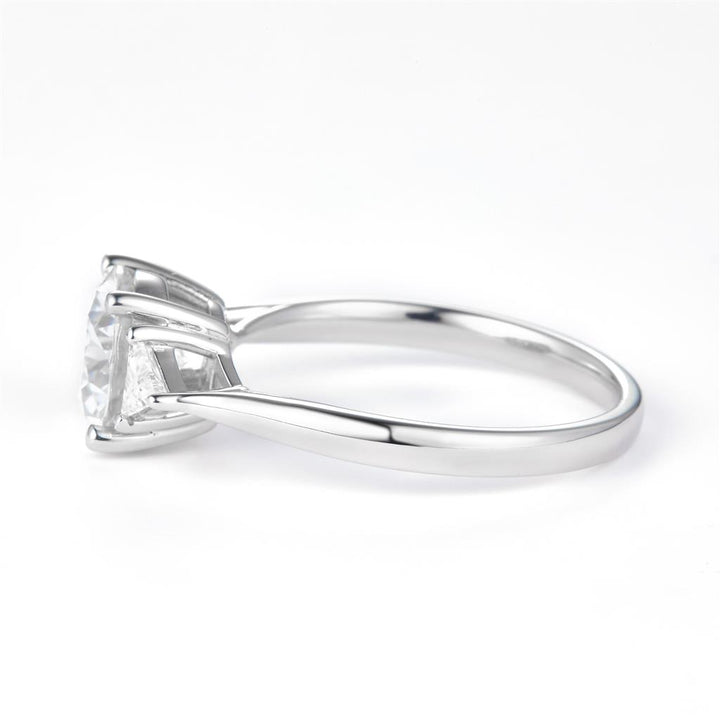 2.18 Ct. Moissanite Sterling Silver (White). Solitaire with Round Center & Trilliant Cut Side Stones Ring. (Women). Size 7.5