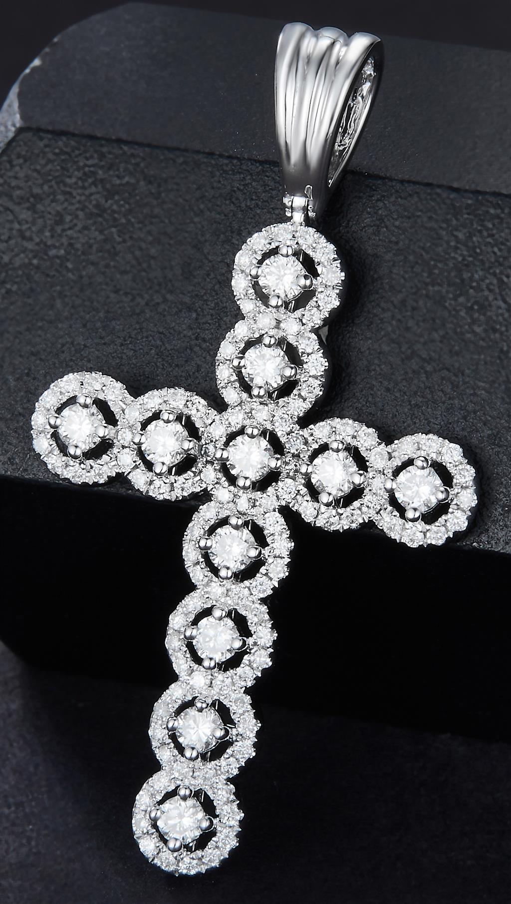 0.707 Ct. Diamond 14 Kt Gold (White). Cross Pendant. (Unisex).