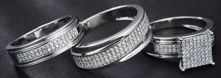 0.578 Ct. Diamond 10 Kt Gold (White). Trio Set (Mens Band Size 10, Women Engag & Band) Wedding Set. Size 7.5