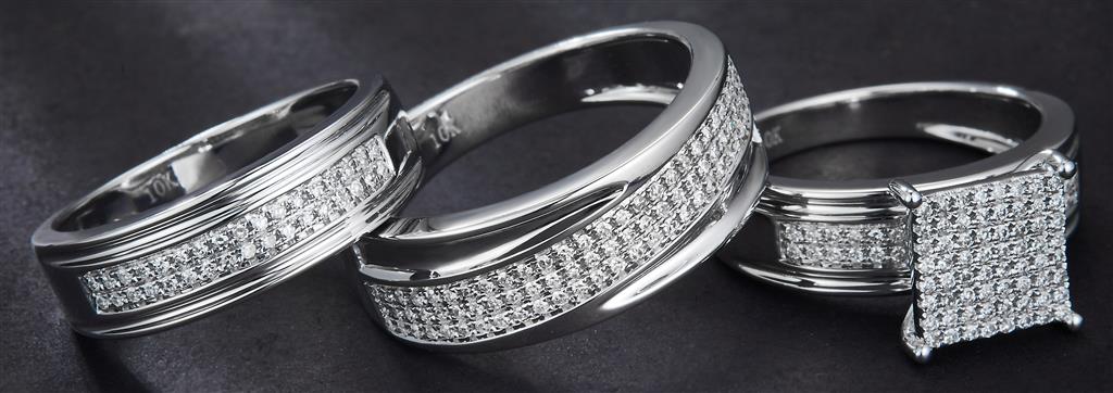 0.578 Ct. Diamond 10 Kt Gold (White). Trio Set (Mens Band Size 10, Women Engag & Band) Wedding Set. Size 7.5
