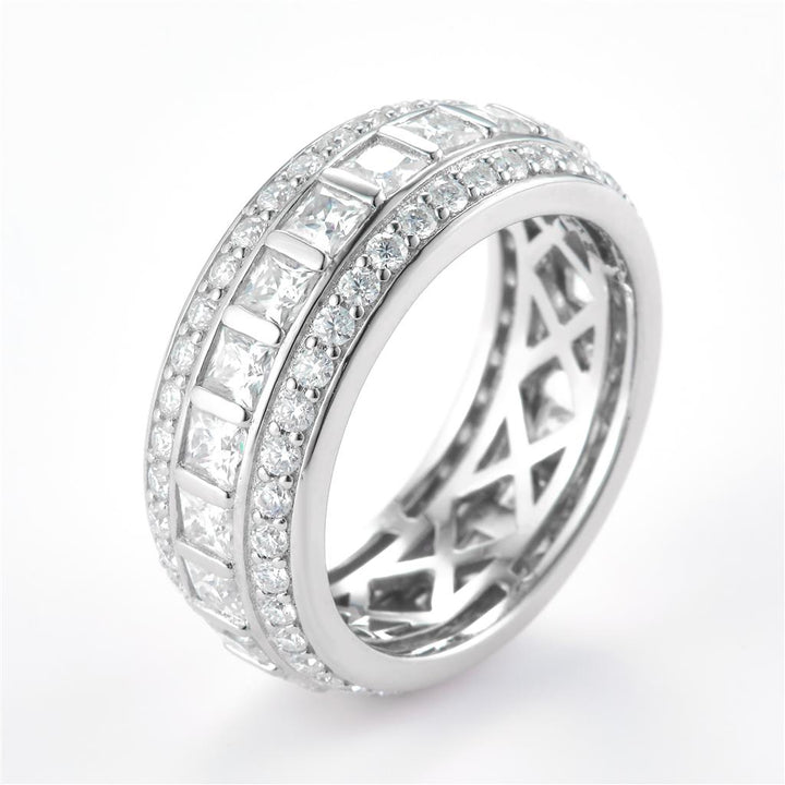 3.116 Ct. Moissanite Sterling Silver (White). Wedding Band with Princess Cut & Round Stones Ring. (Women). Size 7.5